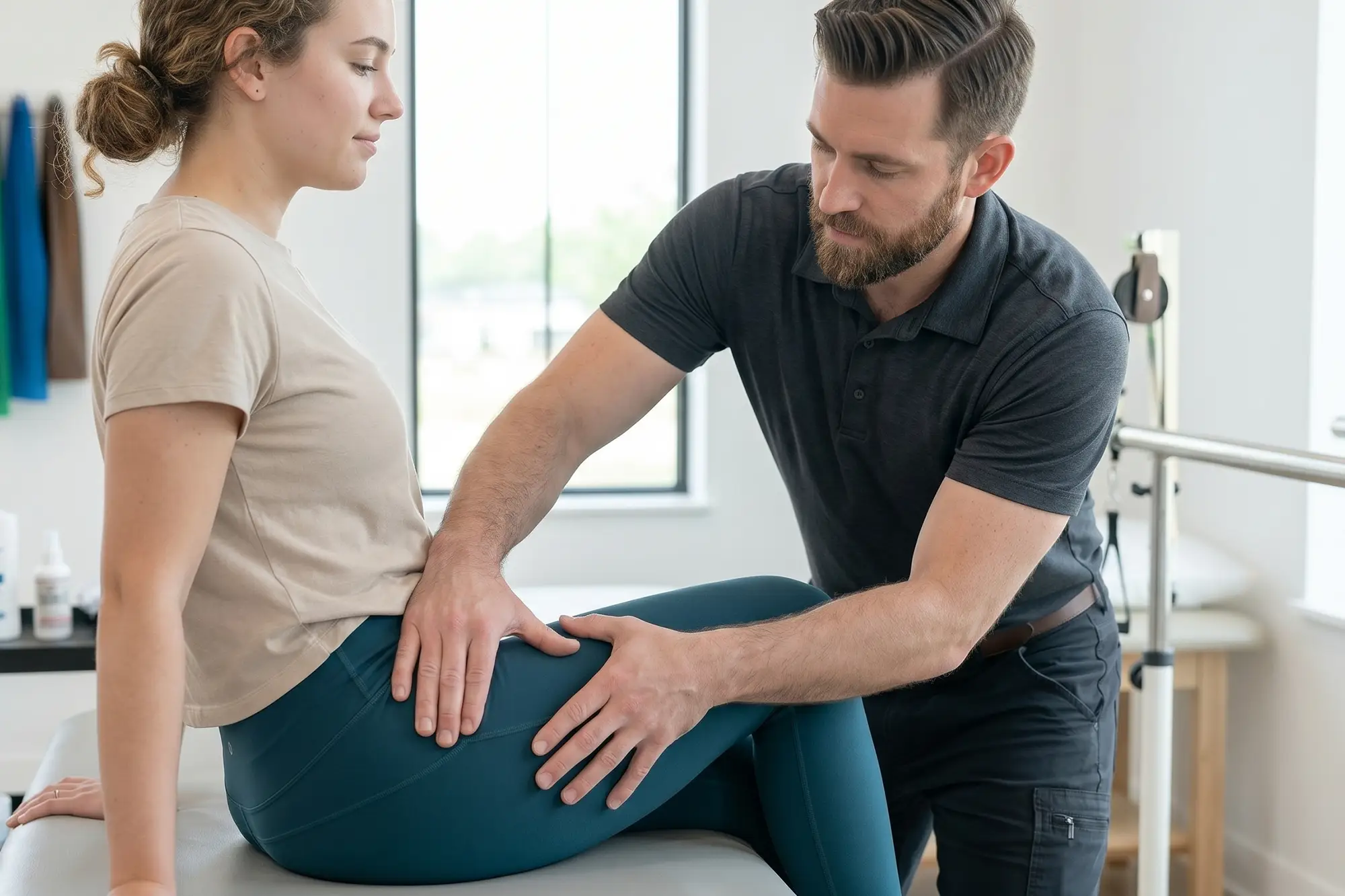 Physical therapist assessing a patient's hip mobility