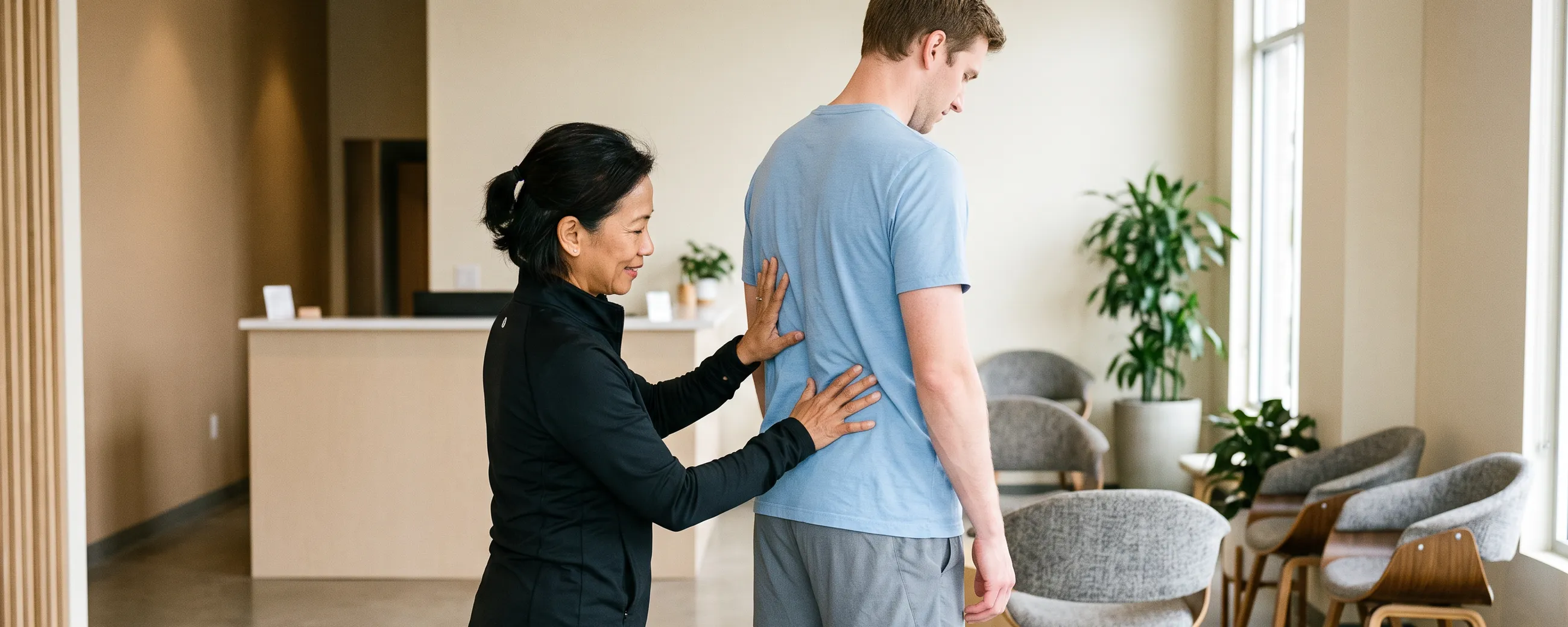 Physical therapist guiding a patient through a hands-on treatment session