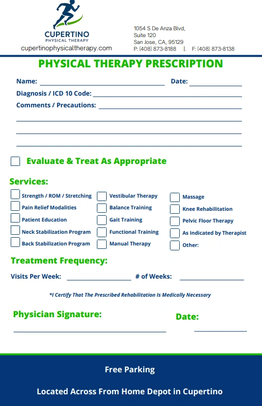 Physical therapy prescription form from Cupertino Physical Therapy, featuring sections for patient information, diagnosis, treatment services, and physician signature, emphasizing referral process and therapy options.
